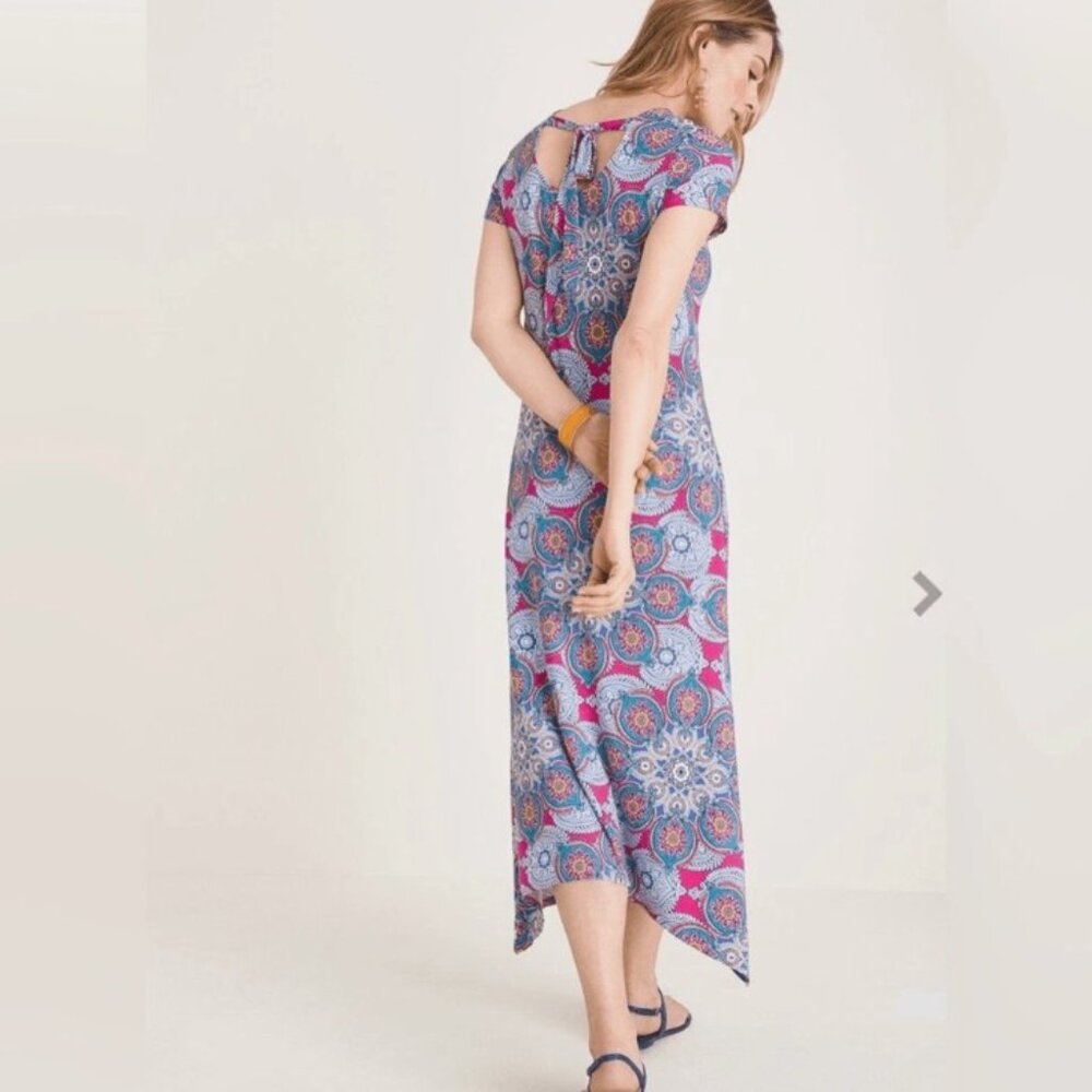Chico's Medallion Cluster Print Midi Dress Sz 16/18 Multicolor Tie Back Stretch - Picture 6 of 11